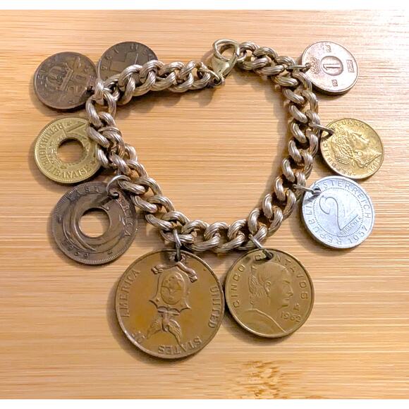 Vintage Foreign Coin Charm Bracelet Early 1900s to 1960s European Latin Oriental - Picture 1 of 12